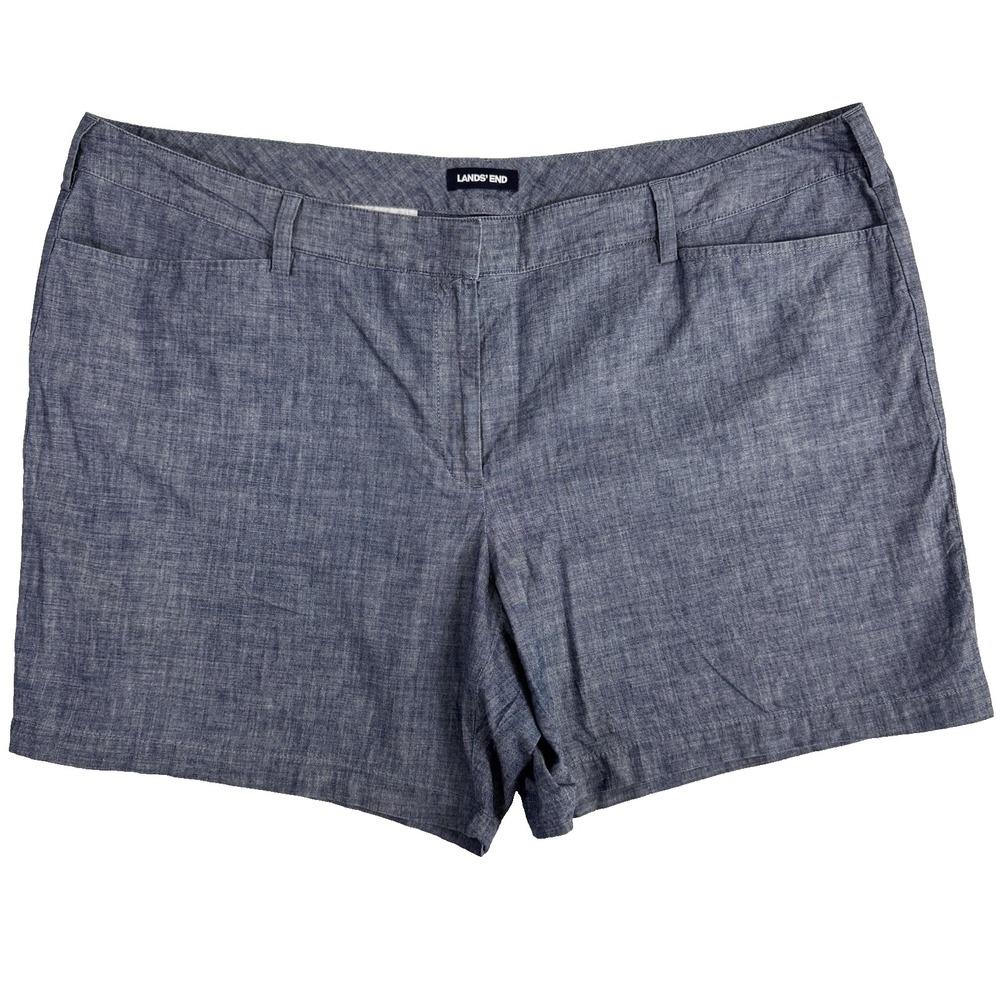 Land's End Chambray Shorts Women's 24W Blue Flat Front 6.5" Inseam Mid-Rise